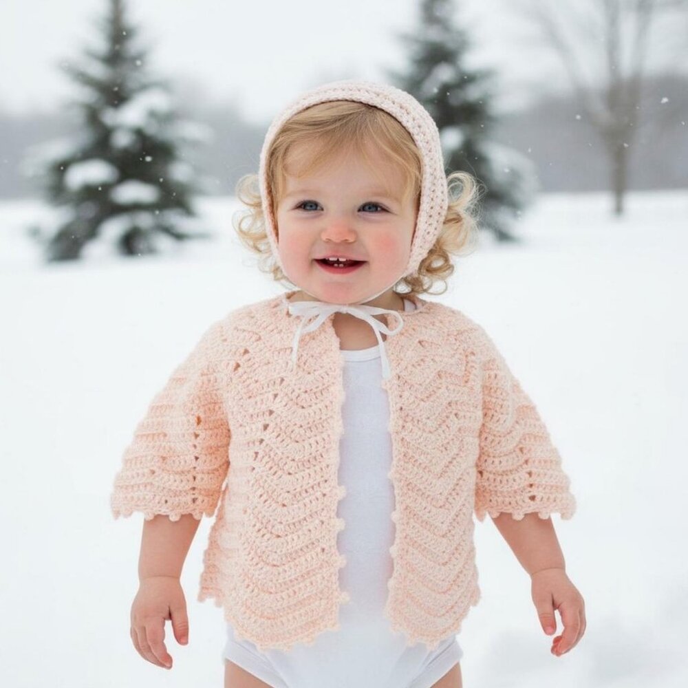 1950s Vintage Handmade Peach Crochet Baby Head Bonnet & Wrap sz 6-12 months
